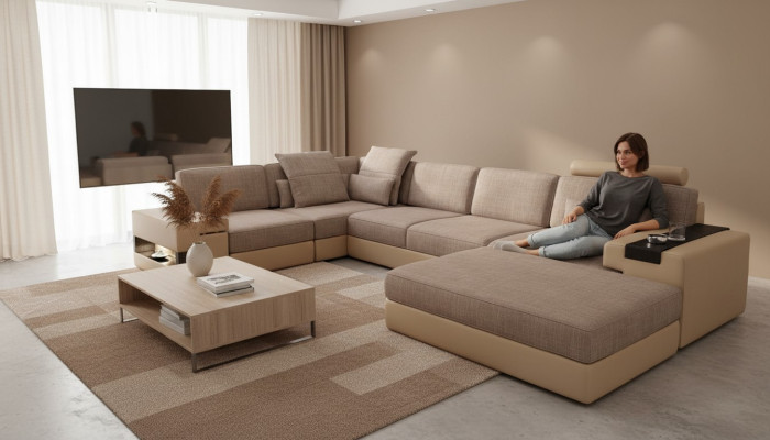 Nowoczesna sofa Narożnik Zestaw siedzisk tapicerowanych w kształcie litery L Kanapa Żywy krajobraz Stołek Meble
