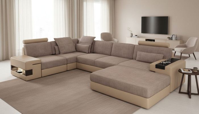 Nowoczesna sofa Narożnik Zestaw siedzisk tapicerowanych w kształcie litery L Kanapa Żywy krajobraz Stołek Meble