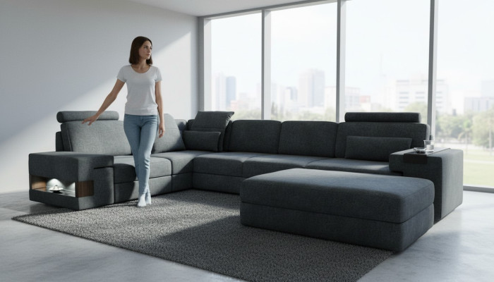 Design Sofa Narożnik ze Stołkiem Meble tapicerowane Salon L-Shape Nowoczesny Luksus