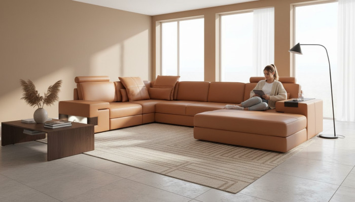 Nowoczesna luksusowa sofa Narożnik Zestaw w kształcie litery L Tapicerowana Skóra Meble Skórzana Sofa