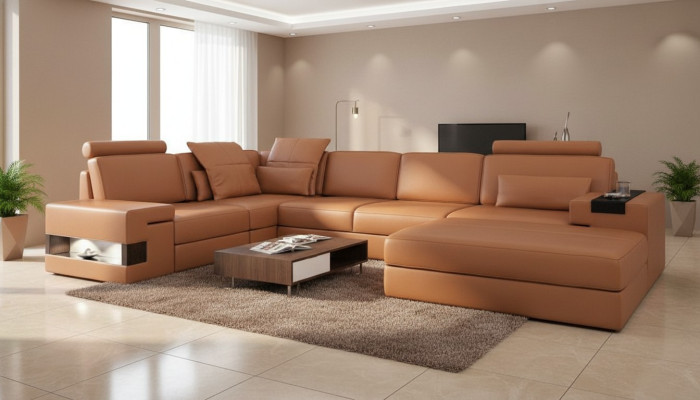 Nowoczesna luksusowa sofa Narożnik Zestaw w kształcie litery L Tapicerowana Skóra Meble Skórzana Sofa