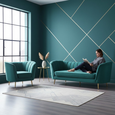 Siedziba Design Couch Lounge Sofa 2 miejsce siedzące Żywy krajobraz Relaks Aksamit Solidne drewno