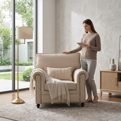 Fotel Materiał Sofa Jednoosobowa Meble Relaks Siedziba Design Couch Lounge Włókienniczy wiejski dom