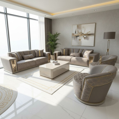 Zestaw sofowy Kompletny Modern 3+3+1+1 miejsce do siedzenia + stolik kawowy Włókienniczy Couch Drewno