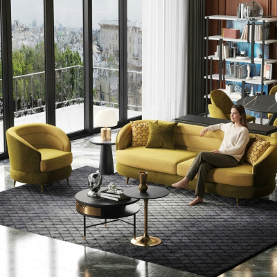 Design Couch Lounge Sofy Aksamit Zestaw sofowy 3+1 miejsce do siedzenia Sofa Żywy krajobraz żółty