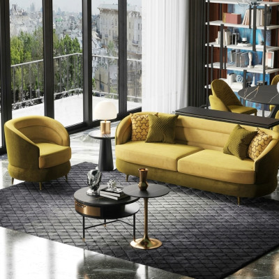 Design Couch Lounge Sofy Aksamit Zestaw sofowy 3+1 miejsce do siedzenia Sofa Żywy krajobraz żółty