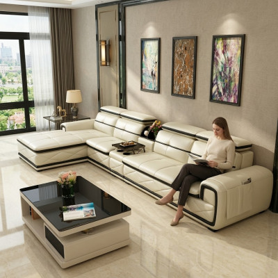 Luksusowa skórzana sofa Narożnikowa kanapa w kształcie litery L Podkładka Modern Relaks Siedziba Meble Żywy krajobraz