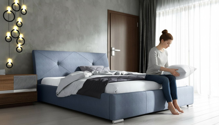 Niebieska Podkładka Łóżko Double Hotel łóżka Sypialnia Materiał Ramy Łóżka Niebieskie Drewno