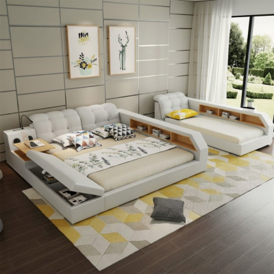 Design Skóra łóżka Hotel Double Zgłoszenie Półka 180x200 Wielofunkcyjne