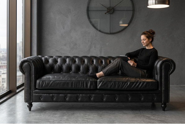 Cheterfield Sofa 3 miejsce do siedzenia Modern Skóra -Fibre Prawdziwe drewno Luksusowe meble w stylu klasycznym