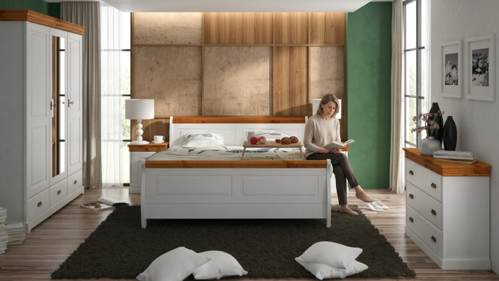 Country House Łóżko Szafa Stolik nocny Sypialnia Kompletny zestaw drewna 5szt. Nowy