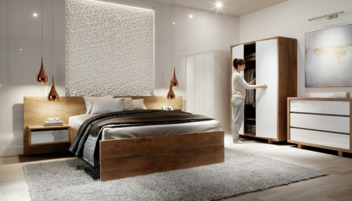 Kompletny zestaw Sypialnia Łóżko Stolik nocny Szafa Kredens design 5 sztuk.