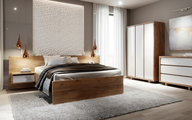 Kompletny zestaw Sypialnia Łóżko Stolik nocny Szafa Kredens design 5 sztuk.