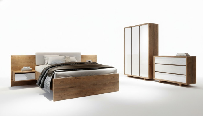 Kompletny zestaw Sypialnia Łóżko Stolik nocny Szafa Kredens design 5 sztuk.