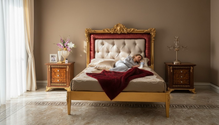 Łóżko Sypialnia Set Design Luksusowe łóżko Nowe Meble Barokowe 2x Stolik nocny 3-częściowy.