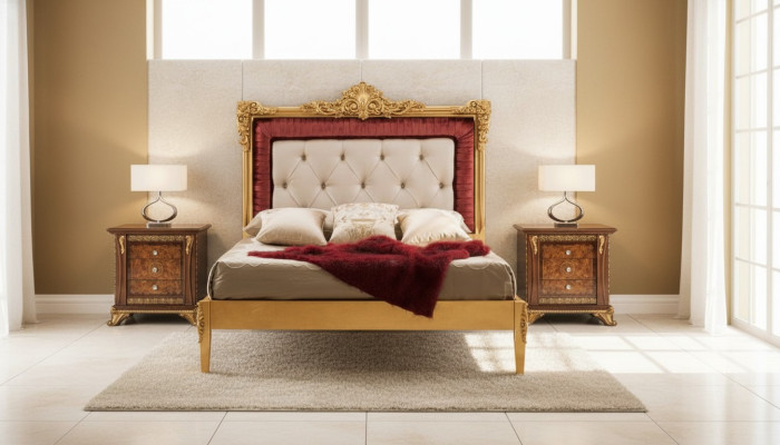 Łóżko Sypialnia Set Design Luksusowe łóżko Nowe Meble Barokowe 2x Stolik nocny 3-częściowy.