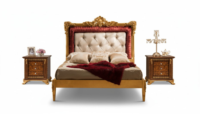Łóżko Sypialnia Set Design Luksusowe łóżko Nowe Meble Barokowe 2x Stolik nocny 3-częściowy.
