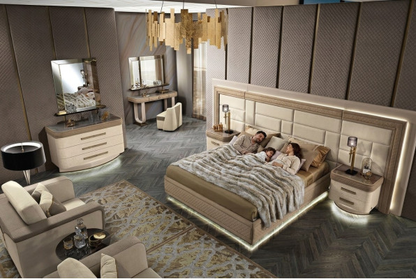 Design Luxury Sypialnia Łóżko 2x Szafki nocne Kredens Ustawić łóżko 8-częściowy komplet