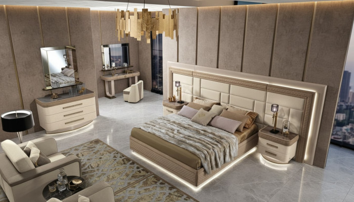Design Luxury Sypialnia Łóżko 2x Szafki nocne Kredens Ustawić łóżko 8-częściowy komplet