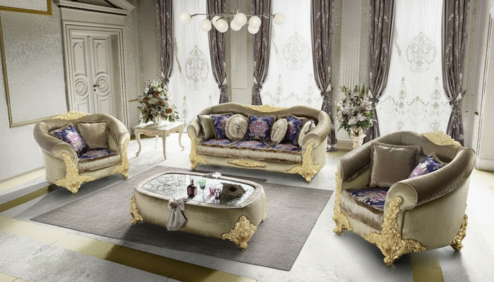 Sofa Kanapa Aksamit Podkładka Siedziba 3+1+1 miejsce siedzące Design Kanapy Sofy Drewno Nowe Ustawić
