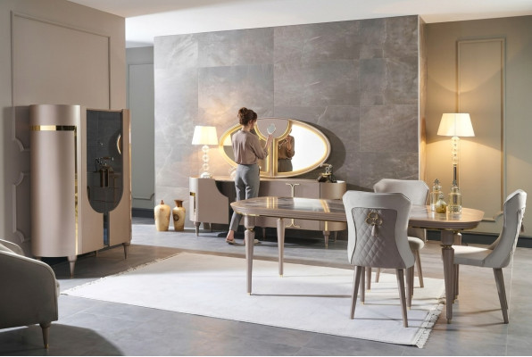 Design zestaw jadalnia 8 szt. Stół obiadowy Krzesło Kredens Gablota Lustro Ess stoły Drewno