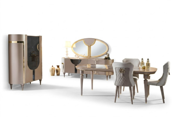 Design zestaw jadalnia 8 szt. Stół obiadowy Krzesło Kredens Gablota Lustro Ess stoły Drewno