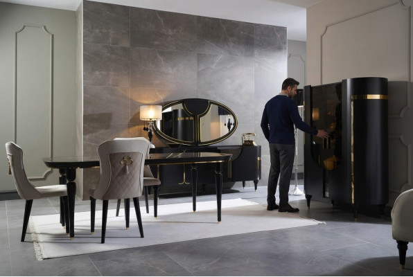 Tabela Zestaw Ustaw Stół obiadowy 4 Krzesła Luxury Style Meble Krzesło Grupa Kredens 8-częściowy