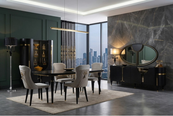 Tabela Zestaw Ustaw Stół obiadowy 4 Krzesła Luxury Style Meble Krzesło Grupa Kredens 8-częściowy