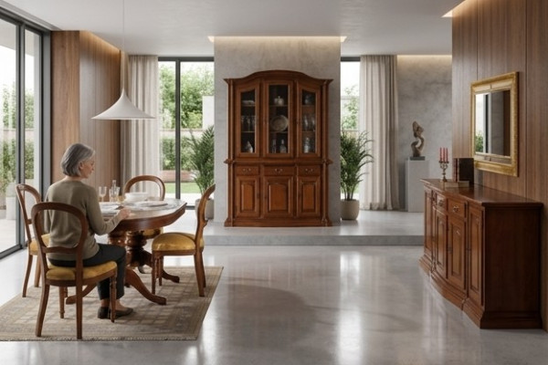 Design jadalnia Zestaw Ustaw 7-częściowy Drewno Meble Kredens 4x Krzesło Tabela Gablota Nowość
