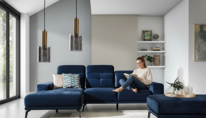 Designerska Sofa Kanapa Narożnikowa kanapa Włókienniczy Podkładka Ustawić Żywy krajobraz L-Shape Blue