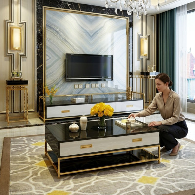 Luksusowy metalowy stolik kawowy Złoty Czarny Wysoki połysk Sofa Salonowa Tabela