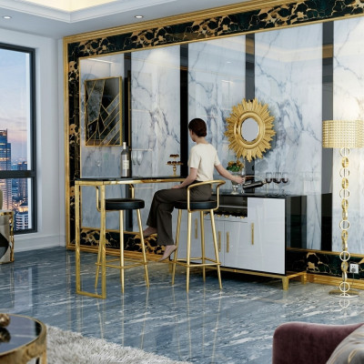 Luxury Stal nierdzewna Szkło House Bar 4 szt. Ustawić stół barowy 2x hokery Szafa
