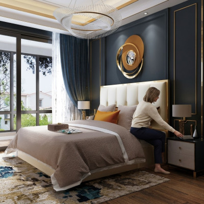 Luxury Design Skóra Łóżko Metal Gold łóżko Podkładka Hotel Sypialnia