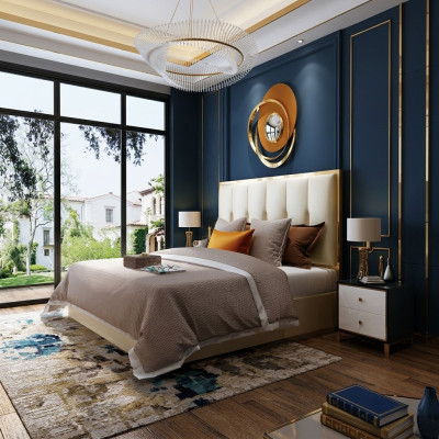 Luxury Design Skóra Łóżko Metal Gold łóżko Podkładka Hotel Sypialnia