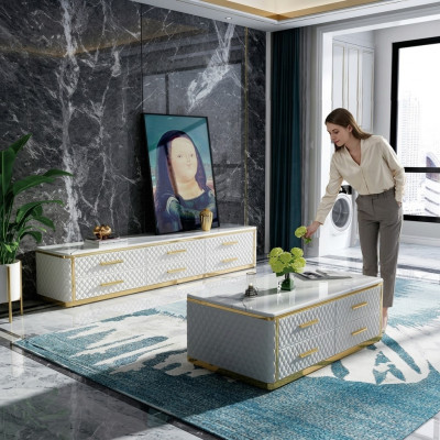 Stal nierdzewna Kredens Skóra imitacja kamienia Stoliki do kawy 200x40cm