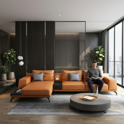 Żywy krajobraz L-shape Narożnikowa kanapa Couch Design Skóra Podkładka Ustawić Sofa