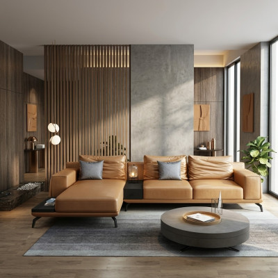 Żywy krajobraz L-shape Narożnikowa kanapa Couch Design Skóra Podkładka Ustawić Sofa