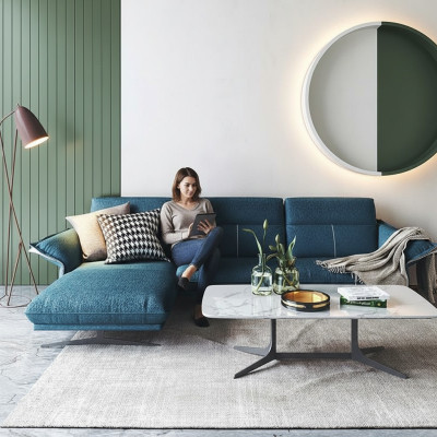 Materiałowa kanapa w kształcie litery L Żywy krajobraz Narożnikowa kanapa Ustawić Modern Design Blue Sofa Nowość