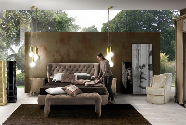 Luksusowy zestaw Sypialnia 4 sztuki. Łóżko + 2x Stolik nocny + Stołek Nowoczesne łóżko Design Solidne drewno