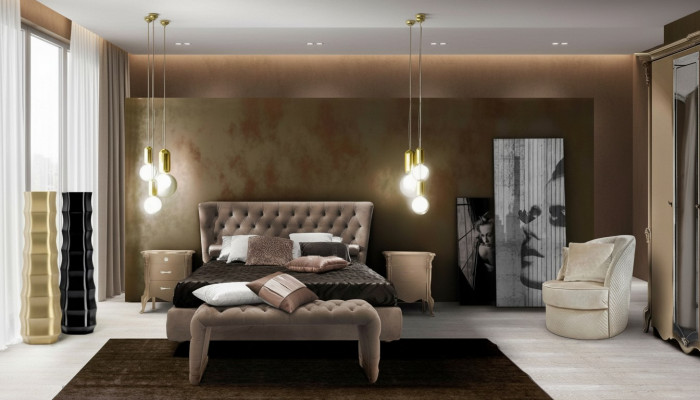 Luksusowy zestaw Sypialnia 4 sztuki. Łóżko + 2x Stolik nocny + Stołek Nowoczesne łóżko Design Solidne drewno