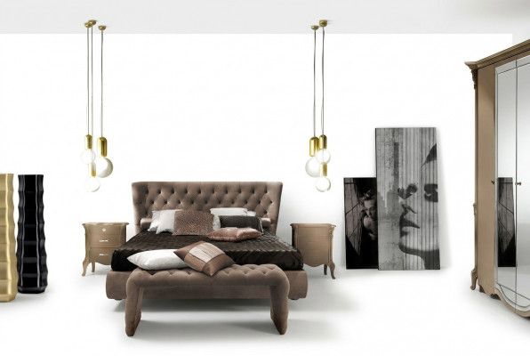 Luksusowy zestaw Sypialnia 4 sztuki. Łóżko + 2x Stolik nocny + Stołek Nowoczesne łóżko Design Solidne drewno