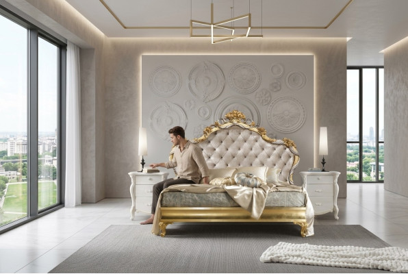 Sypialnia luksusowy zestaw 4 sztuki. Łóżko + 2x Stolik nocny + designerski szezlong