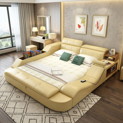 Wielofunkcyjne łóżko o luksusowym designie Skóra łóżko podwójne dekoracyjne półka 180x200cm