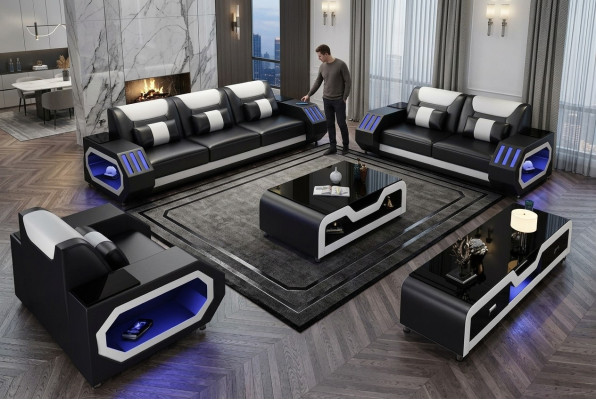 Sofa Skórzana Sofa Ustawić 3+2+1 - Podświetlane Designerskie Kanapy Nowość