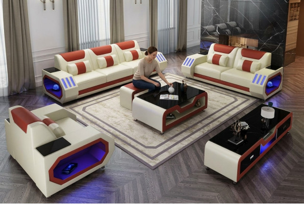 Sofa Skórzana Sofa Ustawić 3+1+1 - Podświetlane Designerskie Kanapy Nowość