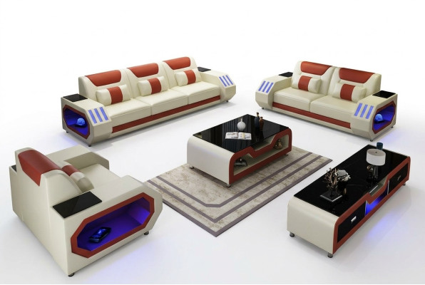 Sofa Skórzana Sofa Ustawić 3+1+1 - Podświetlane Designerskie Kanapy Nowość