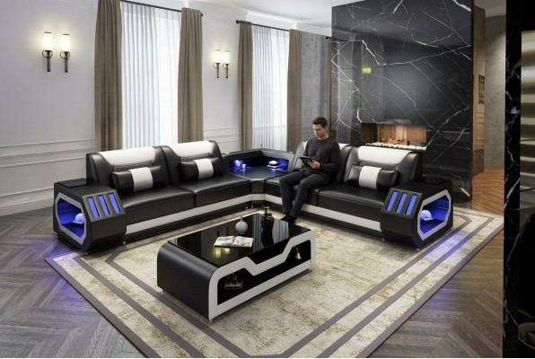 Podświetlana LED Narożnikowa kanapa Salon Skóra Kanapa Siedziba Podkładka Żywy krajobraz Sofa