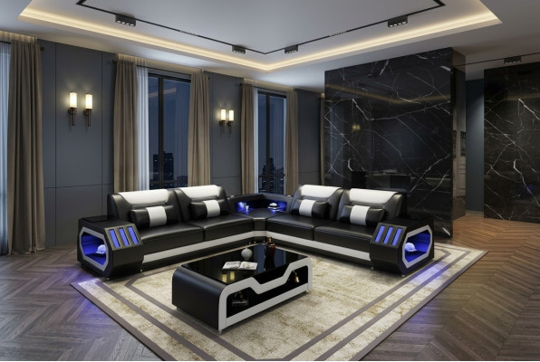 Podświetlana LED Narożnikowa kanapa Salon Skóra Kanapa Siedziba Podkładka Żywy krajobraz Sofa
