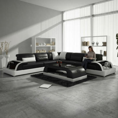 Narożnikowa kanapa L-shape + stolik kawowy Sofa Couch Design Szara Podkładka Skóra