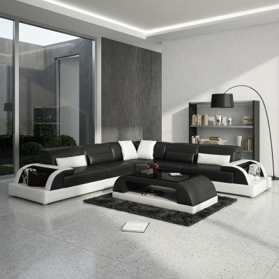 Narożnikowa kanapa L-shape + stolik kawowy Sofa Couch Design Szara Podkładka Skóra